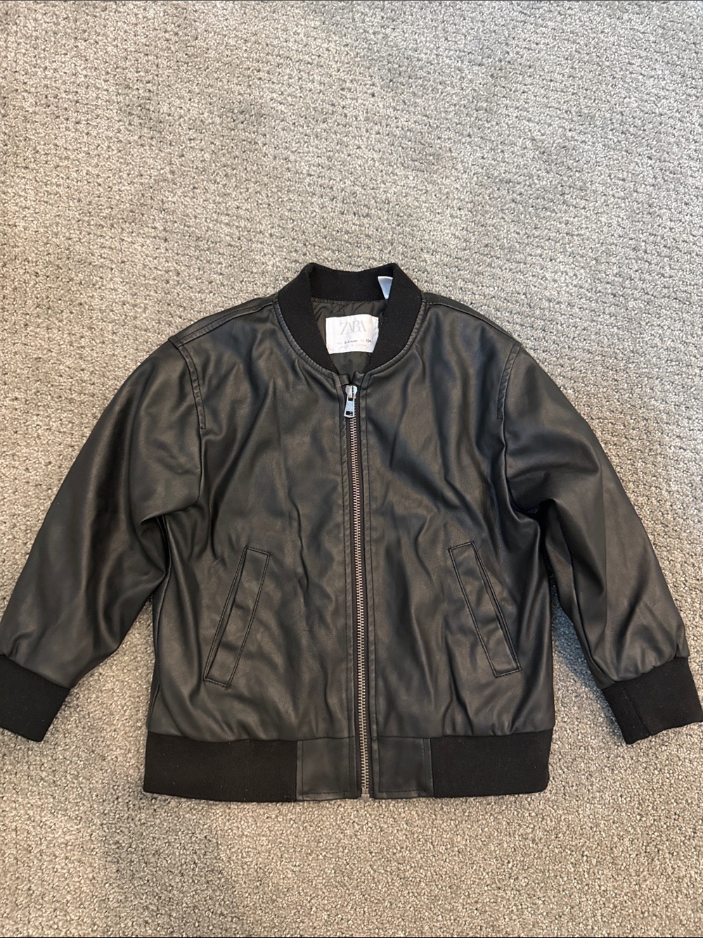 Zara Kids Black Faux Leather Bomber Jacket